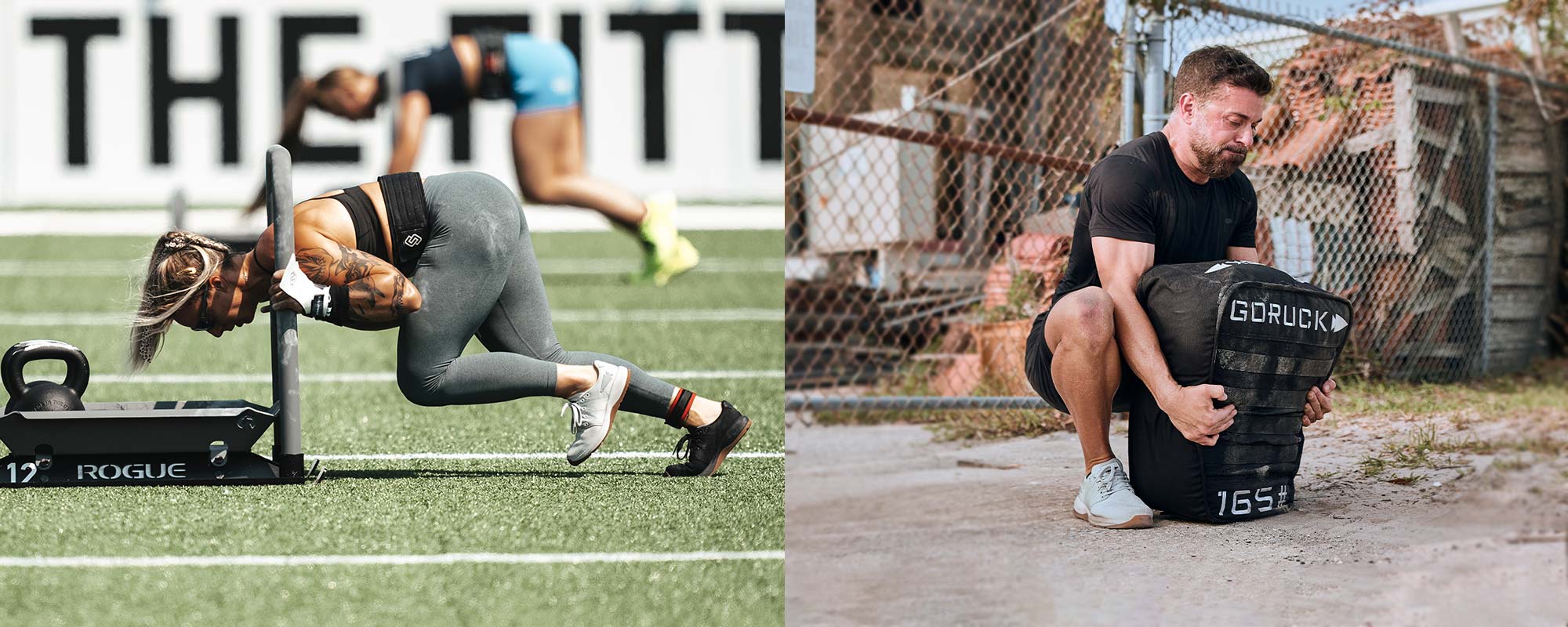 Two athletes exercising: one pushing a sled on grass, the other lifting a weighted bag outdoors.