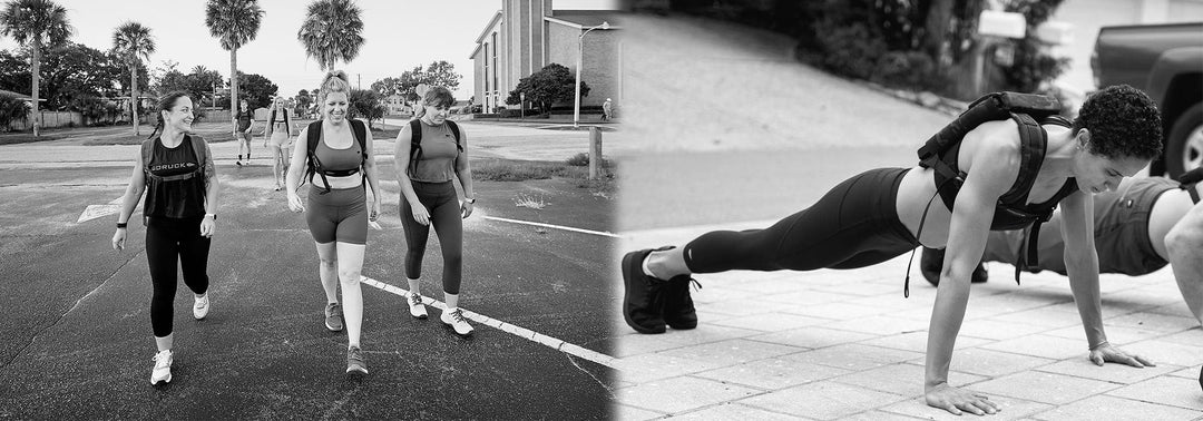 Left: Three women walking outdoors. Right: Woman doing push-ups with a weight vest.