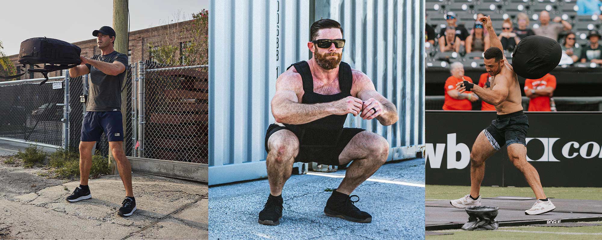 Three men exercising: holding a sandbag, doing squats, and performing a sandbag clean in various outdoor settings.