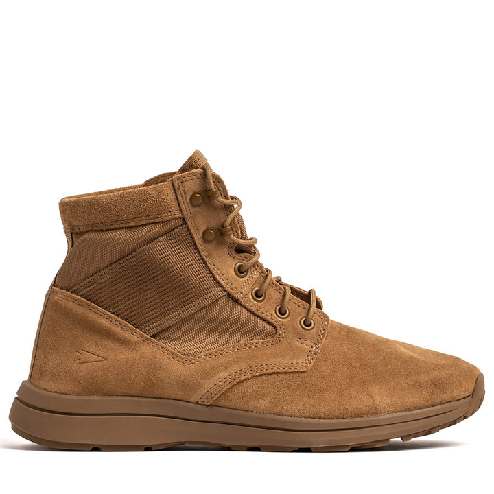 The MACV-1 Hi-Speed - Mid Top by GORUCK is a tan suede and fabric lace-up boot with a brown rubber sole, lightweight design, and an EVA midsole for comfort, shown from the side.