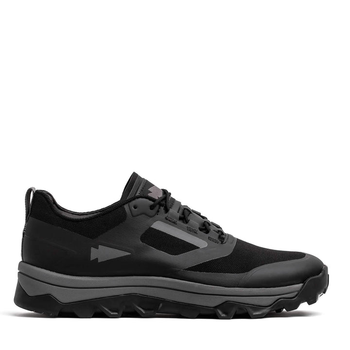 The Mackall - Black + Forged Iron by GORUCK is a black and gray trail shoe featuring a rugged triple compound outsole, shown on a white background.