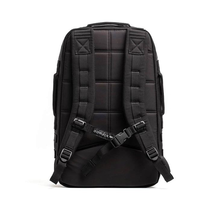 The GORUCK Rucker 4.0 backpack in black comes with padded straps and a sternum strap, featuring a quilted back panel for comfort during rucking. The bottom strap displays a center logo, highlighting a design centered on durability and utility.