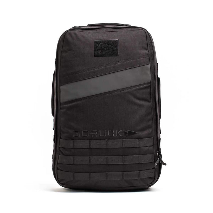 The GORUCK Rucker 4.0 backpack, featuring a diagonal stripe and MOLLE webbing, is ideal for rucking enthusiasts.