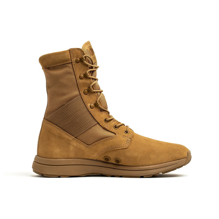 The GORUCK MACV-1 Hi-Speed - High Top is an AR670-1 compliant tan military-style boot with laces and a high ankle, displayed in a side view on a white background. These lightweight rucking boots are crafted for maximum comfort and durability.