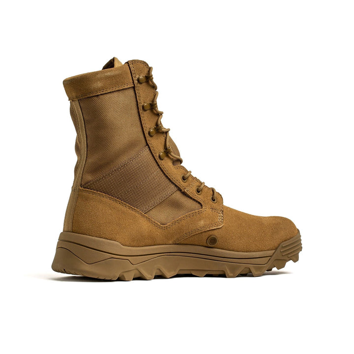 Introducing the GORUCK MACV-2 - High Top in Coyote: a tan military-style boot with a high ankle design, featuring a triple compound outsole and lace-up front. This jungle boot boasts a reinforced toe and textile panels on the sides for enhanced durability and comfort.