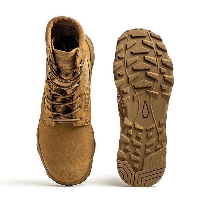 The GORUCK MACV-2 - High Top - Coyote boot features a triple compound outsole with rugged tread, shown from the side and bottom. Specifically designed for outdoor or tactical use, these boots are ideal for rucking missions in the Special Forces.