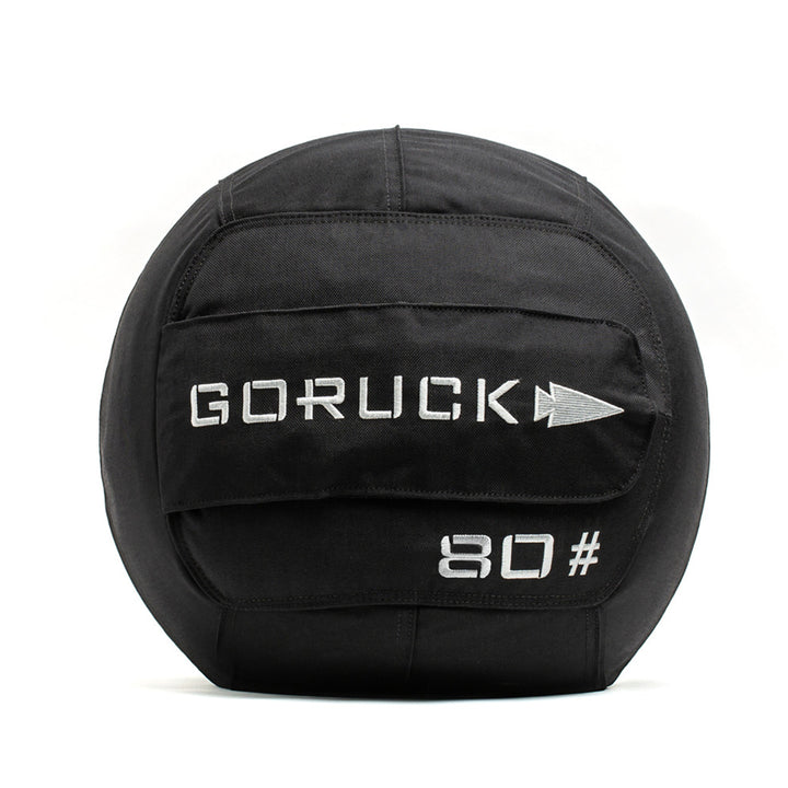 Black Sand Medicine Ball by GORUCK with a handle, labeled "80#", ideal for boosting core stability in your home gym.