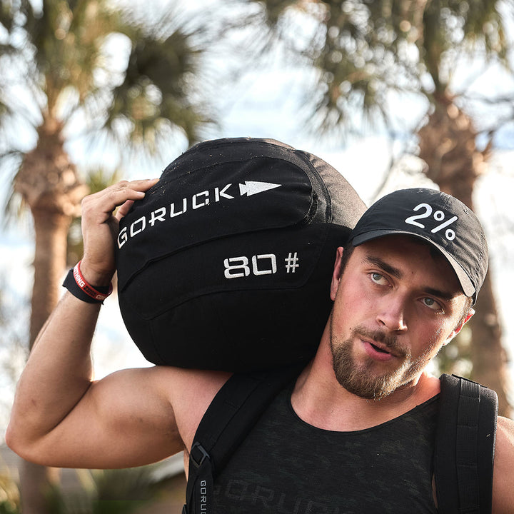 A man holding a GORUCK Sand Medicine Ball over his shoulder, wearing a cap with "2%" written on it, stands near palm trees, mindful of core stability following his home gym session.