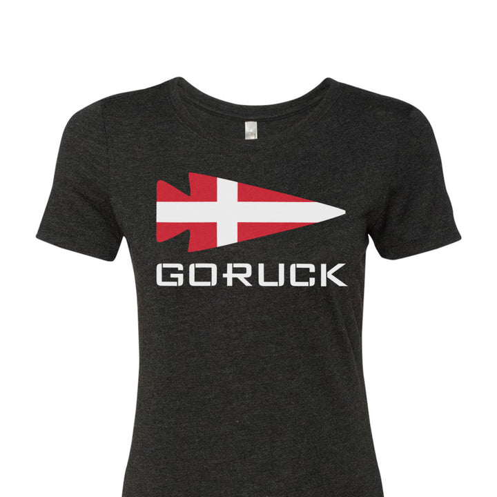 Women's T-shirt - Rep Your Country by GORUCK EU, a premium tri-blend classic tee, features a red and white arrow design with "GORUCK" proudly displayed on the front.