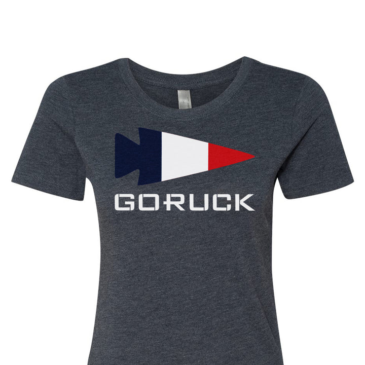 Women's T-shirt - Rep Your Country by GORUCK EU in gray, showcasing "GORUCK" text and a triangular logo in blue, white, and red, made from high-quality tri-blend fabric for superior comfort.