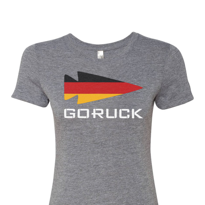 Introducing the Women’s T-shirt - Rep Your Country from GORUCK EU, featuring a premium tri-blend fabric with a striking "GORUCK" and arrow design in black, red, and yellow. This classic tee merges comfort with style while allowing you to showcase the colors reminiscent of your home country.