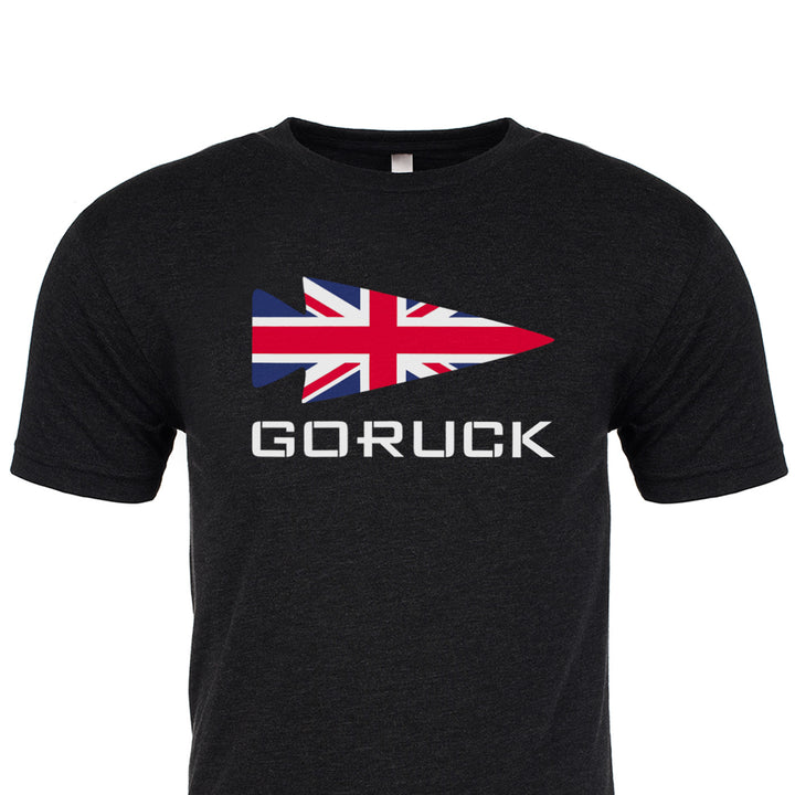 Black T-shirt from GORUCK EU's "Rep Your Country" collection, crafted from premium tri-blend material and showcasing a Union Jack arrow design with "GORUCK" underneath.