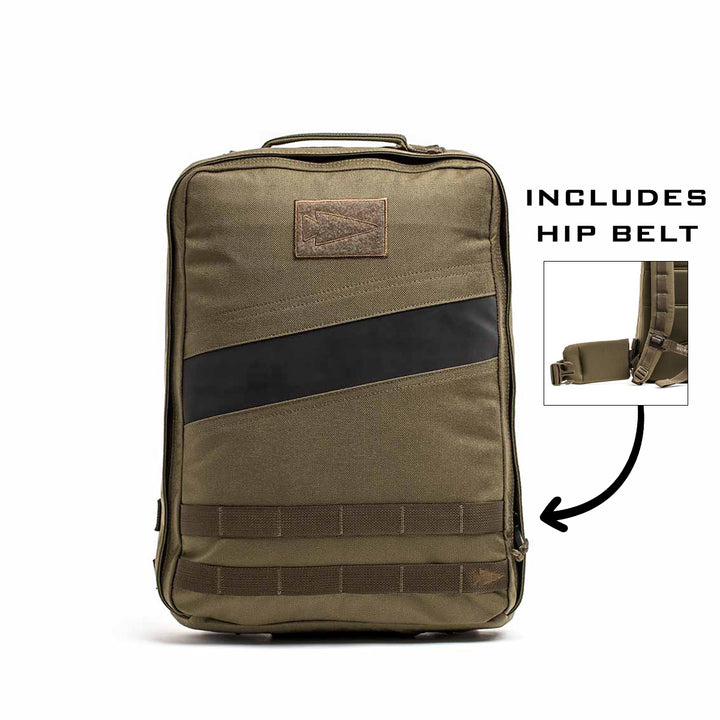 The GORUCK Rucker 4.0 is an olive green rucksack with a diagonal black stripe and hip belt, ideal for rucking adventures.