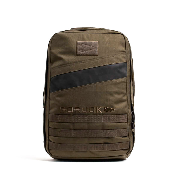 The Rucker 4.0 is a green tactical backpack with black accents, MOLLE webbing on the front, and lumbar padding for comfort while rucking.