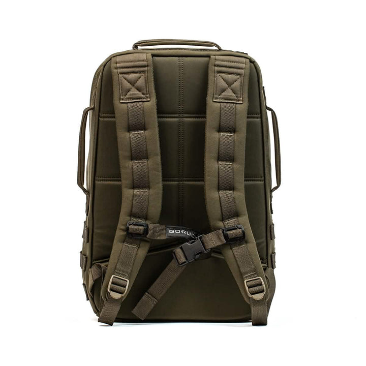 The GORUCK Rucker 4.0 is an olive green tactical rucksack featuring adjustable straps and MOLLE webbing, ideal for rucking, shown from the back.