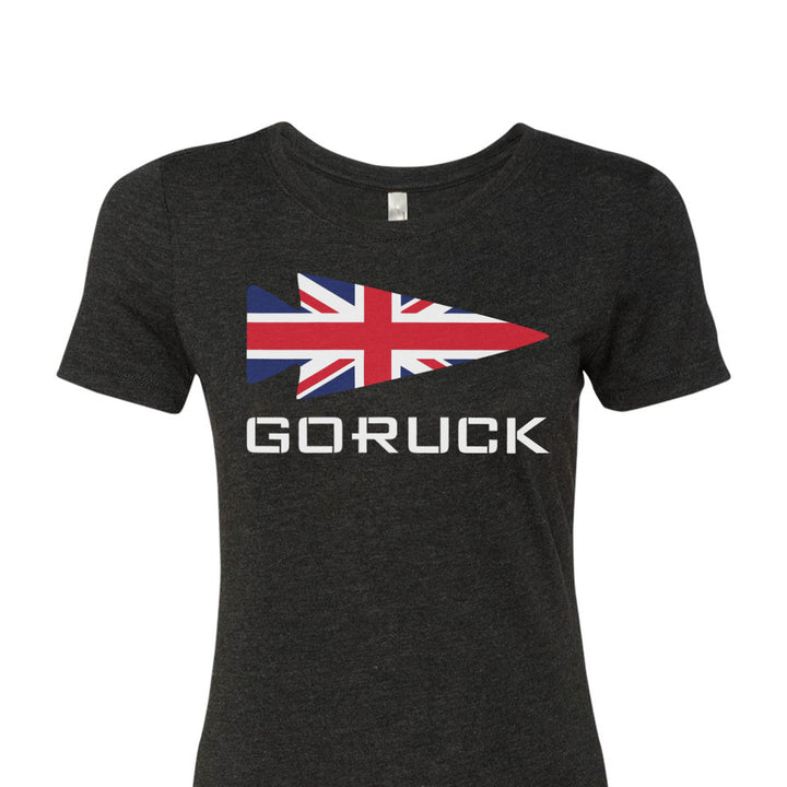 Introducing the Women's T-shirt - Rep Your Country by GORUCK EU, this stylish classic features a striking triangle design with the Union Jack flag and a prominent GORUCK logo. Made from premium tri-blend fabric in dark gray, it’s perfect for those who want to celebrate their home country with pride and style.