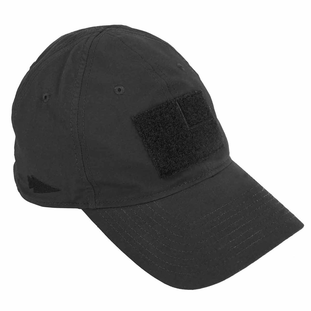 The GORUCK Performance TAC Hat - TOUGHDRY in black is a military-style cap with an adjustable strap and a rectangular Velcro patch on the front. It features stitching details around the seams, brim, and vent holes and is crafted from lightweight ToughDry® fabric for enhanced durability and sweat-wicking comfort.