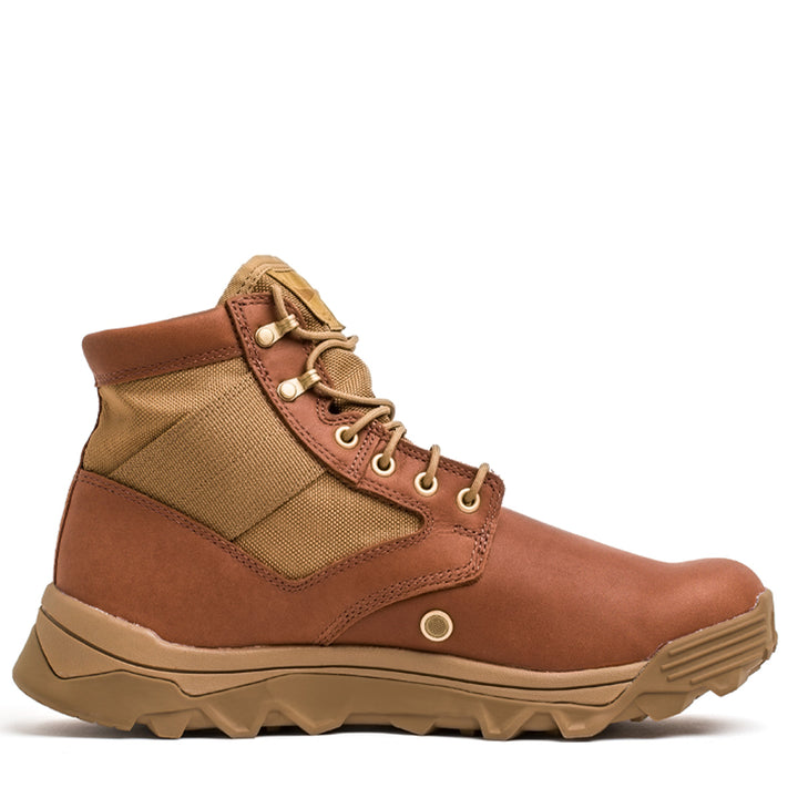 GORUCK MACV-2 Mid Top hiking boot in Briar + Coyote with an aggressive triple compound outsole, side view on white background.