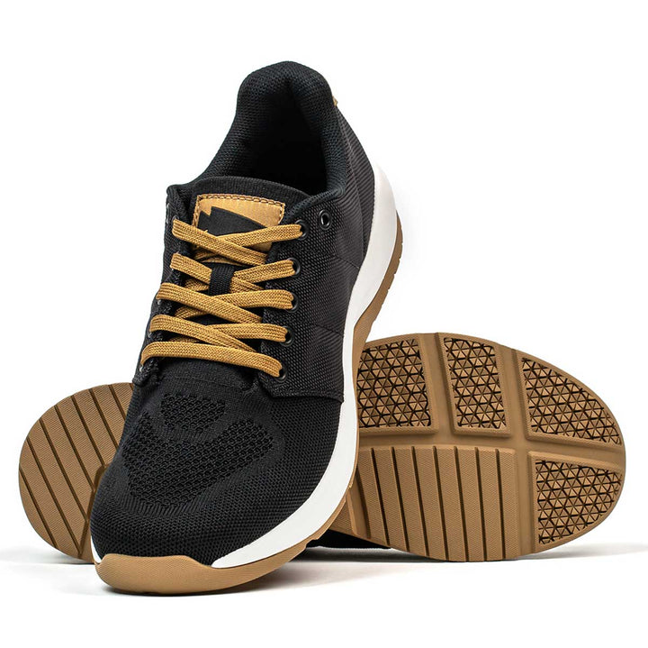 The GORUCK Ballistic Trainers in Black, White, and Coyote feature one upright shoe and the other on its side, showcasing tan laces and soles specifically designed for men and women as functional fitness footwear offering 3X Support.