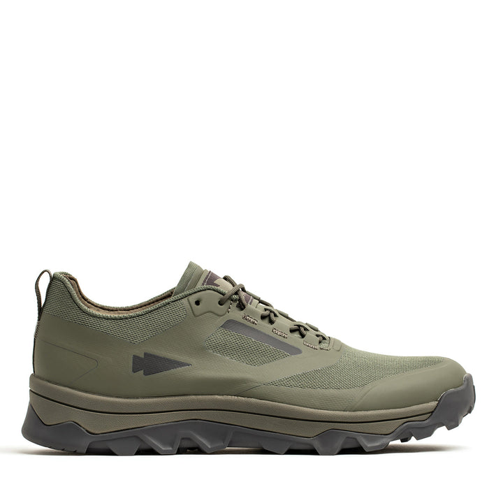 The Mackall in Earth and Forged Iron by GORUCK is a rugged-soled trail shoe, expertly designed for outdoor activities and inspired by special forces training.