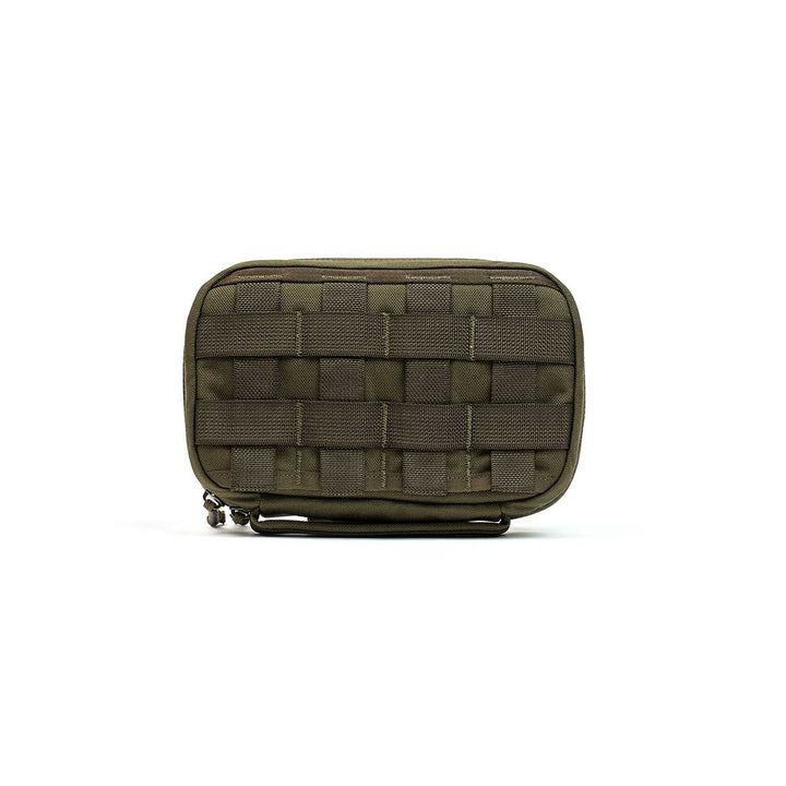 The GR1 Field Pocket by GORUCK, shown isolated on a white background, is an olive green tactical pouch with molle webbing that is ideal for organizing camera gear or serving as a compact electronics organizer.