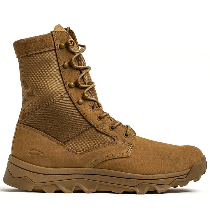 The MACV-2 - High Top - Coyote by GORUCK is a rugged military-style boot featuring a high ankle and durable sole, perfect for jungle adventures. It boasts a lace-up design with leather and fabric materials, ideal for outdoor or tactical use. The side profile showcases its triple compound outsole and robust construction.