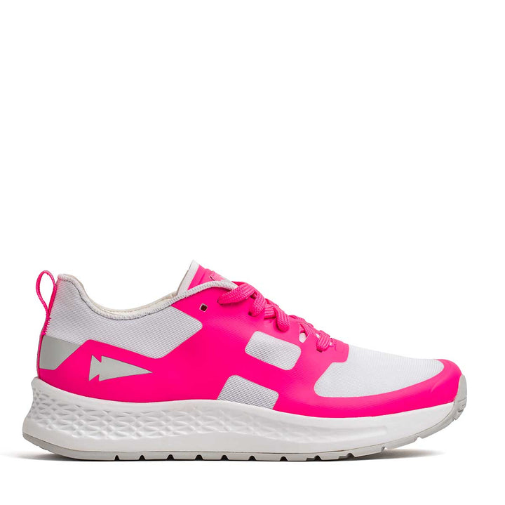 Introducing the Women's Rough Runner - Hot Pink by GORUCK, a vibrant pink and white lightweight running shoe. It features a sleek design with a Rough Runner™ white textured sole, pink accents, GRADIENT DENSITY™ EVA MIDSOLE, pink laces, a pull tab at the heel, and a stylized arrow design on the side.