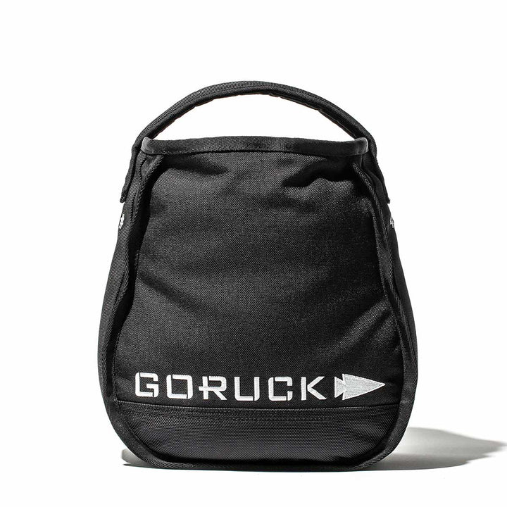 GORUCK Sand Kettlebells with a white logo and carrying handle, featuring an endurance design that resembles a portable kettlebell, isolated on a white background.