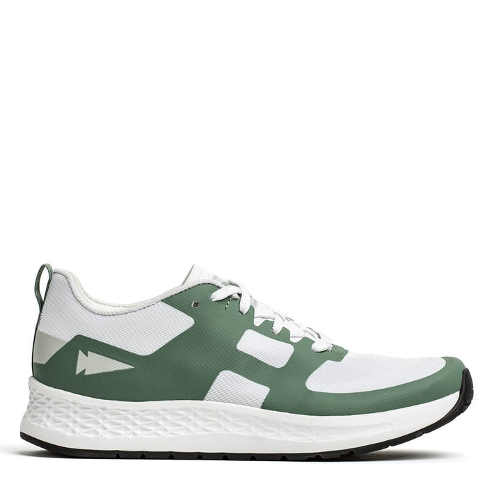 Introducing the Men's Rough Runner - Seaspray from GORUCK, a stylish athletic shoe featuring a green and white geometric design. It includes a textured white sole made from Gradient Density EVA and is complemented by a black outsole. With its lace-up closure and convenient heel loop, it's the ideal choice for any Rough Runner in style.