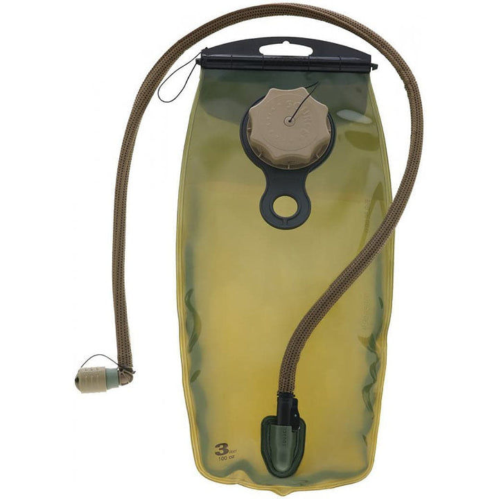 Introducing the Source Hydration Bladder: a green hydration bladder featuring advanced antimicrobial technology. It includes a hose, black cap, and bite valve, and is trusted by Special Forces for its dependable performance in challenging conditions.