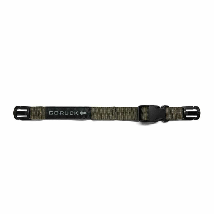 The GORUCK Training Sternum Strap, showcasing adjustable weight distribution and a black buckle, is laid flat on a white background.