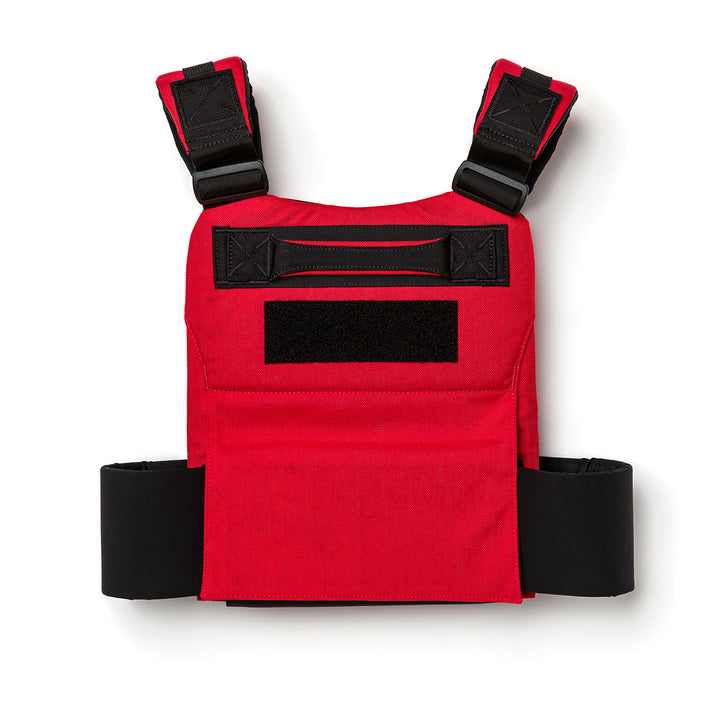 The Training Weight Vest 2.0 by GORUCK is a red tactical vest featuring black straps, specifically designed for training and equipped with a front Velcro patch.